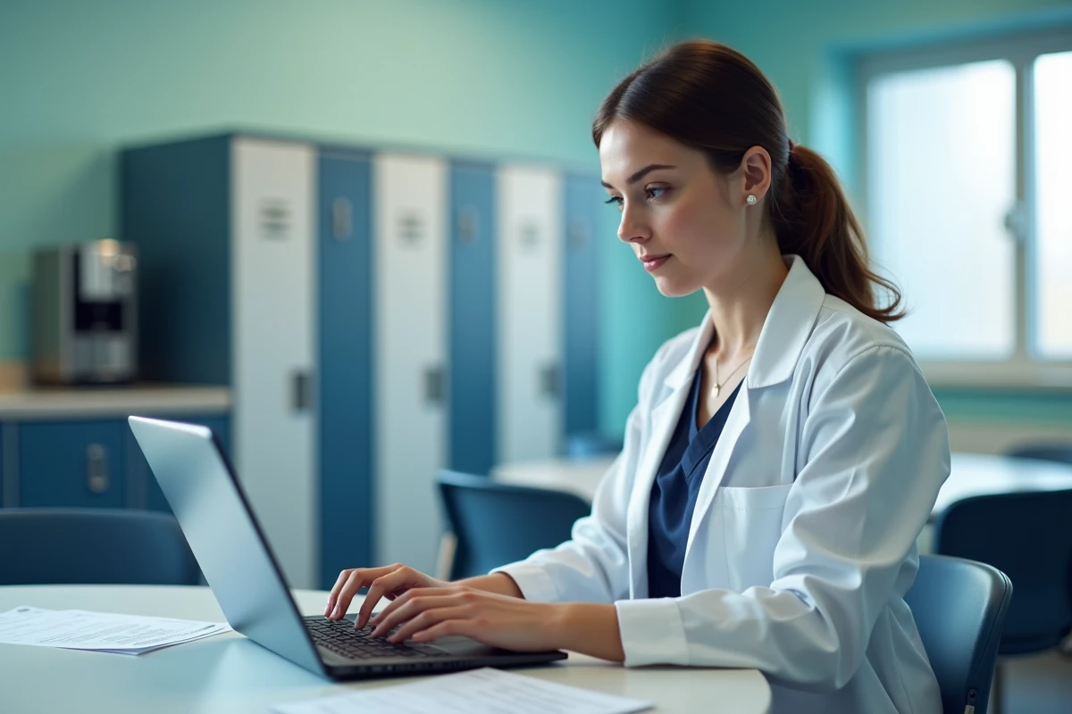 Soignante en blouse blanche utilisant un ordinateur portable pour accéder à NETSoins DomusVi dans une salle de pause médicale