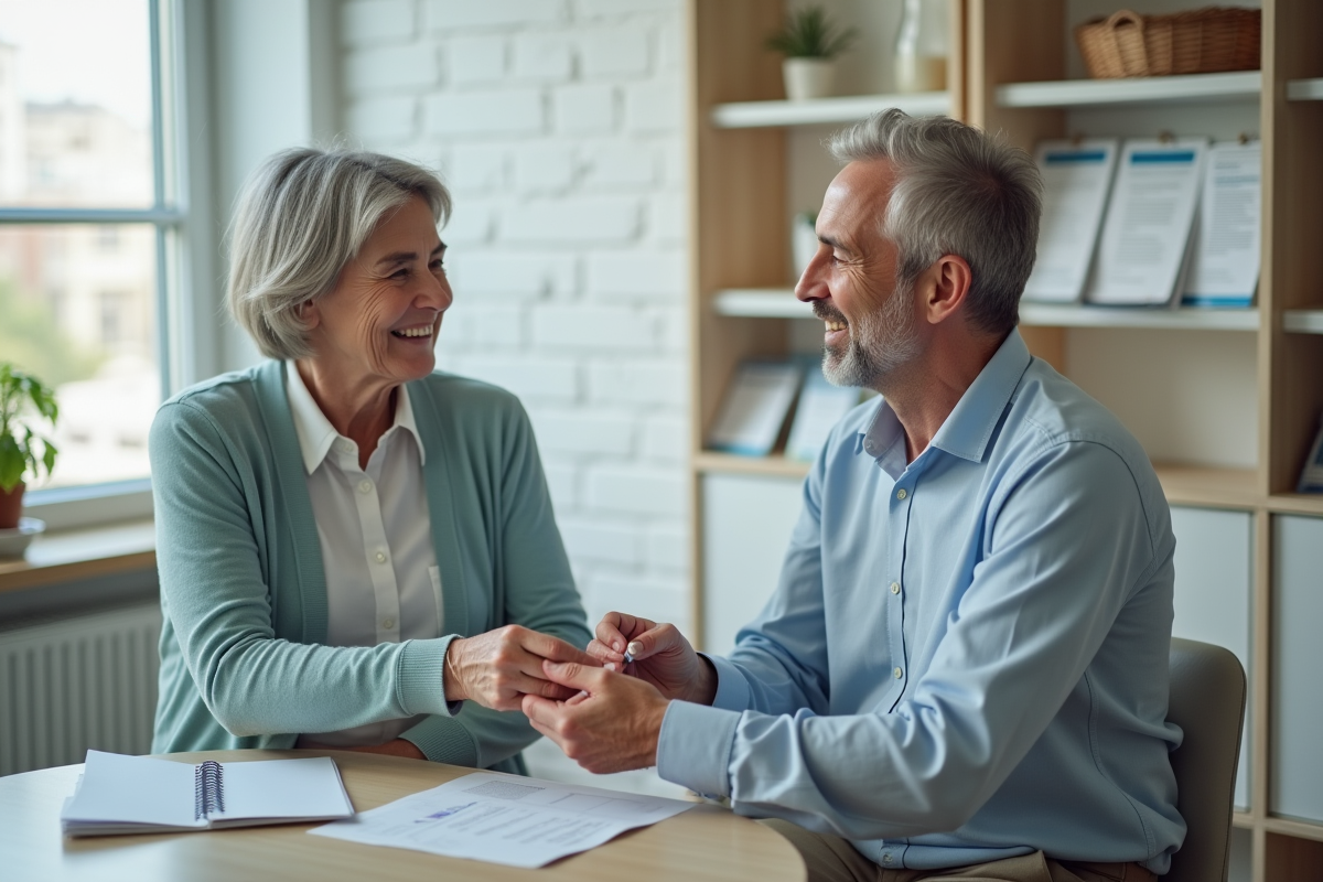 Femme âgée recevant un appareil auditif d'un audiologiste