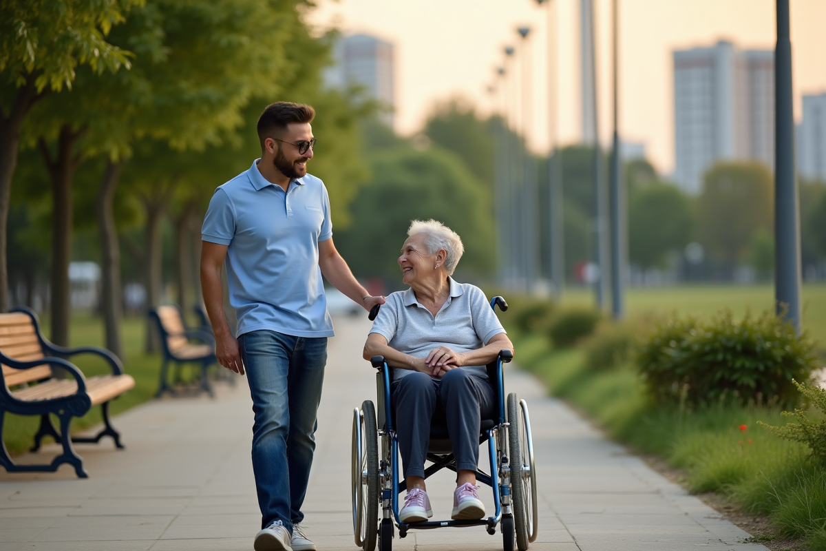 Jeune aide aidant une femme en fauteuil dans un parc urbain