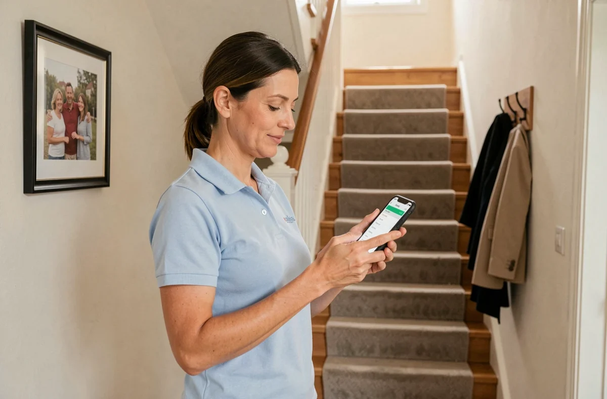 Une aide à domicile professionnelle consulte son smartphone pour organiser ses interventions quotidiennes à domicile