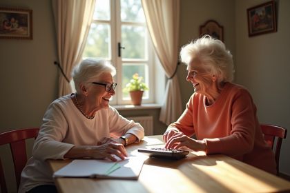 Femme âgée avec aidant dans une cuisine chaleureuse