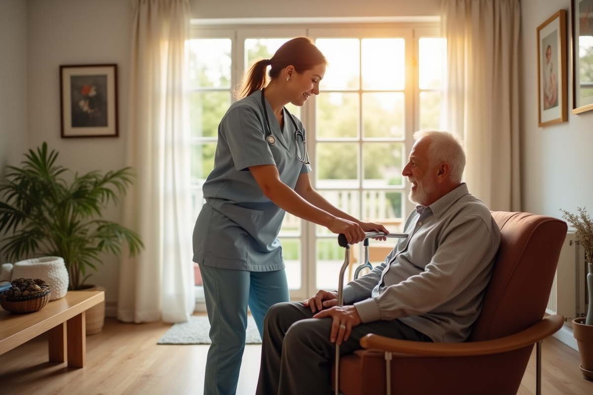Aide à domicile aidant un senior dans un salon lumineux