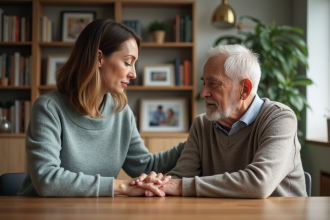 Aide-soignante aidant un senior dans un salon chaleureux