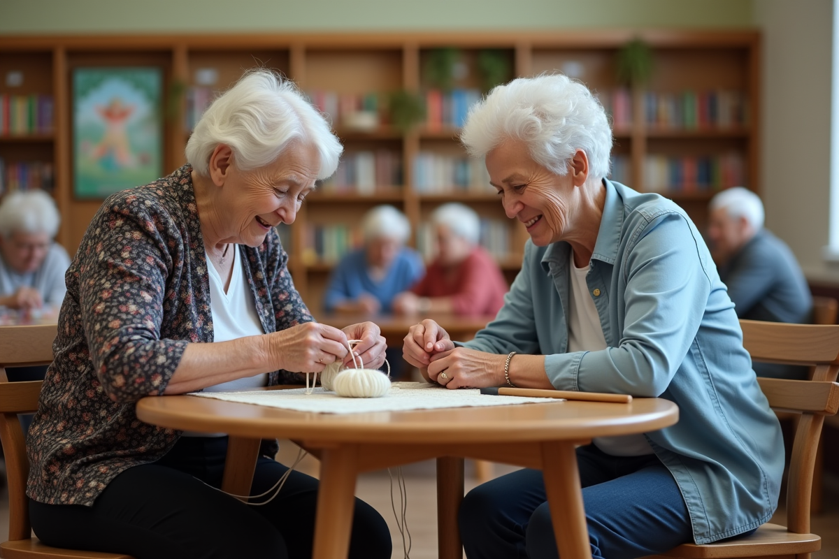 Femme âgée tricotant avec une aide dans un centre communautaire