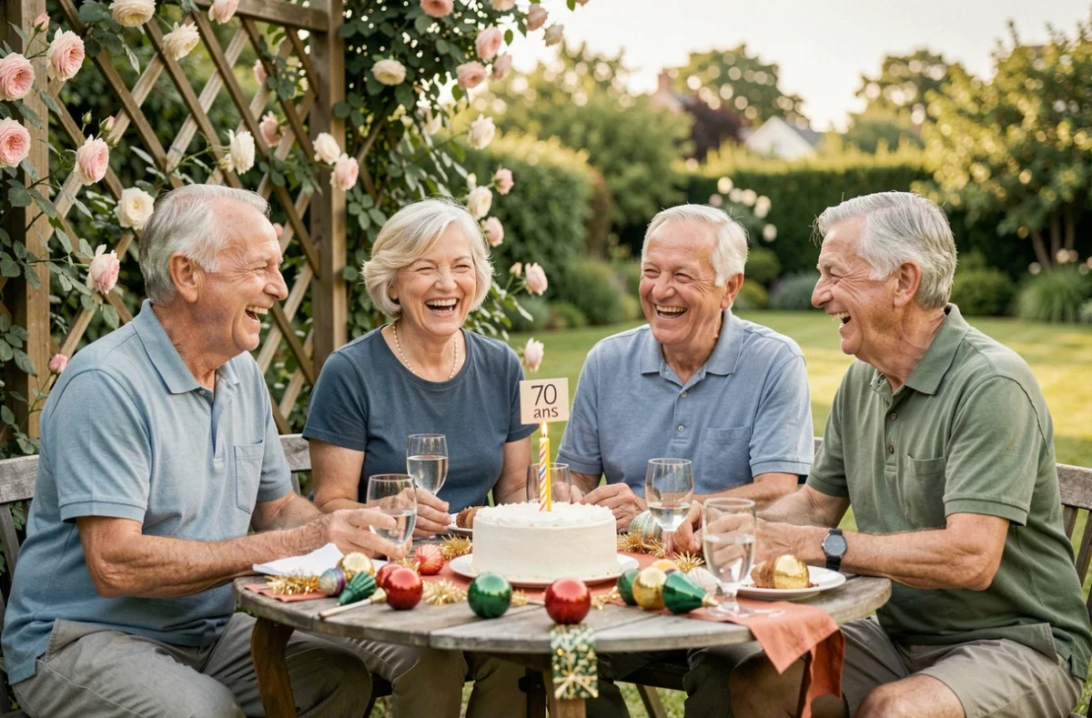 Groupe d'amis septuagénaires riant autour d'un gâteau d'anniversaire 70 ans dans un jardin décoré avec humour