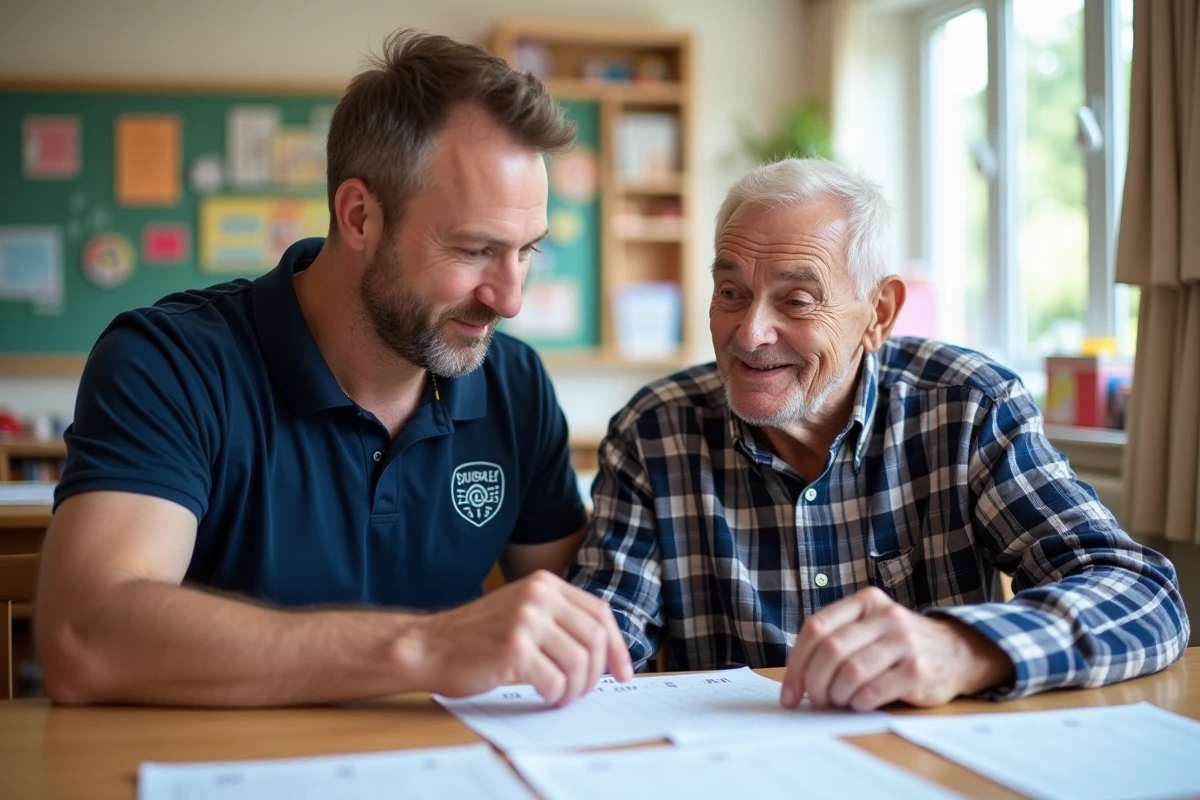Animateur en Ehpad aidant un résident âgé à compléter une fiche de mots mêlés imprimée, activité d'animation senior