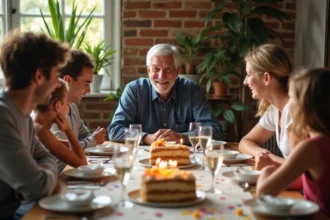 Homme de 70 ans entouré de sa famille lors d'un repas d'anniversaire multigénérationnel avec gâteau et décoration festive