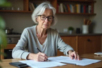 Femme âgée consultant des documents administratifs liés à l'APA récupérable sur succession à son domicile