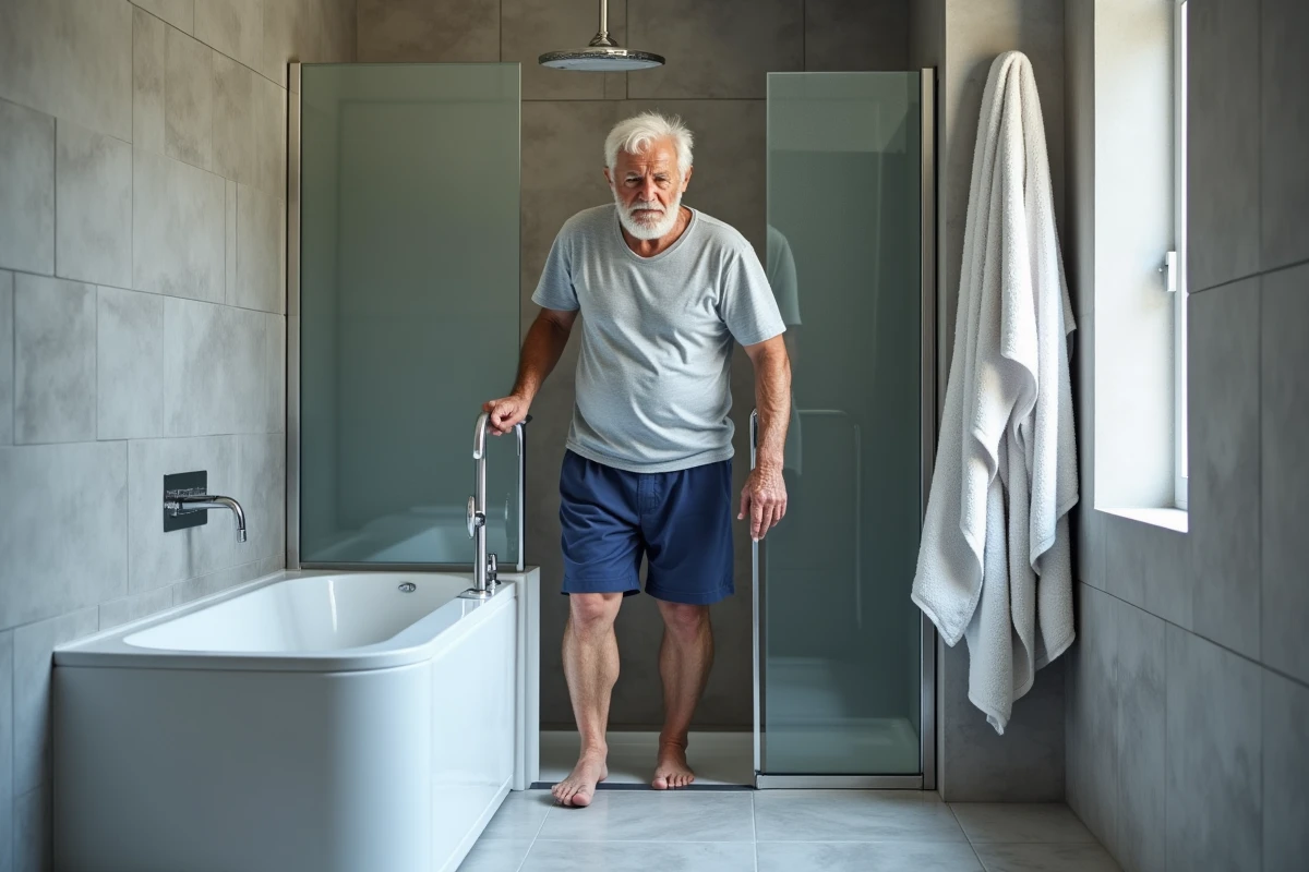Homme senior entrant dans une baignoire à porte PMR dans une salle de bain moderne et accessible