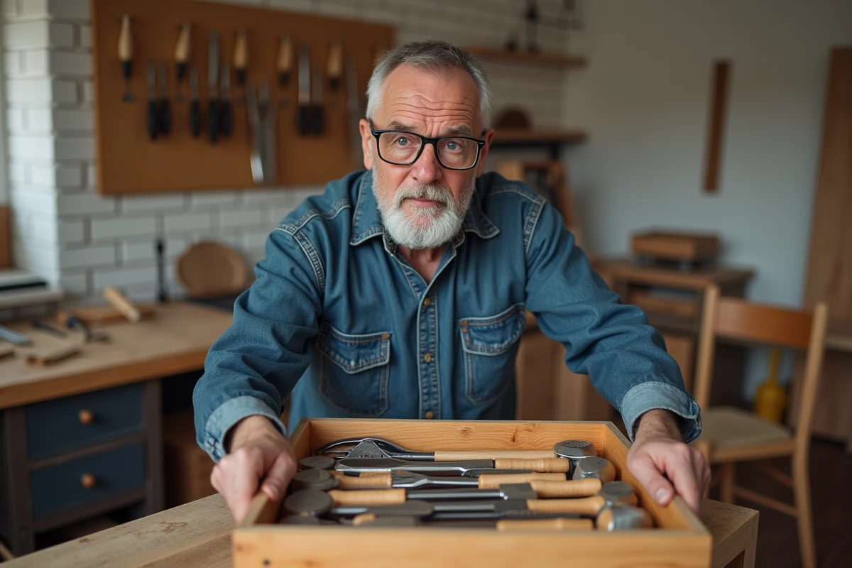 Bricoleur de 60 ans découvrant un coffret d'outils de menuiserie haut de gamme comme cadeau