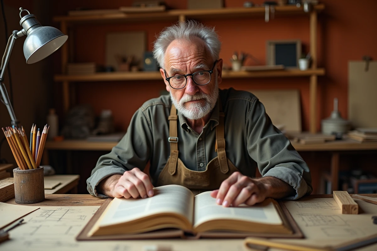 Passionné de bricolage de 60 ans consultant un livre de menuiserie avancée à son bureau