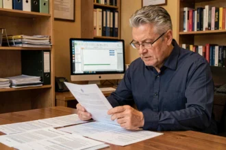 Homme de 58 ans consultant ses documents de calcul de retraite à son bureau à domicile