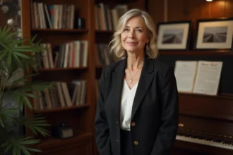 Portrait d'une chanteuse mature en studio de musique vintage avec piano et disques vinyle en arrière-plan