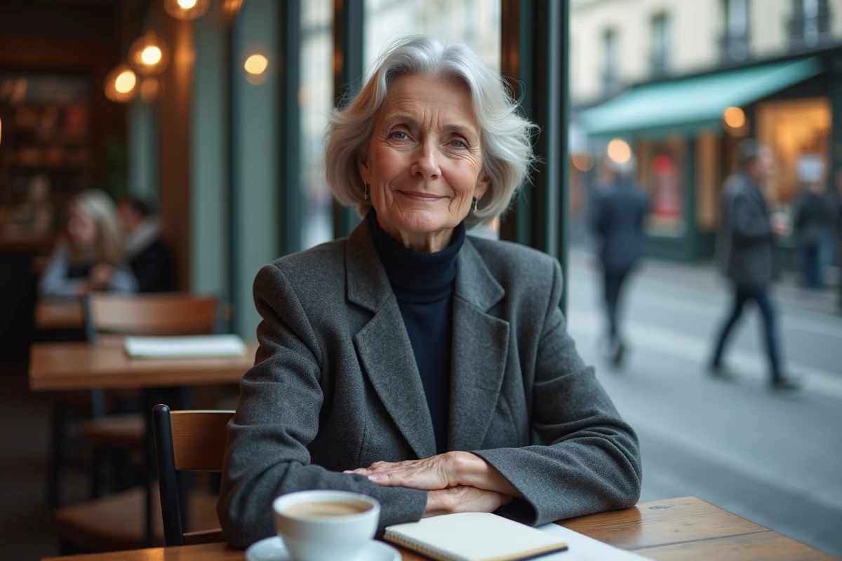Chanteuse Stone assise dans un café parisien avec carnet de notes, atmosphère authentique et urbaine