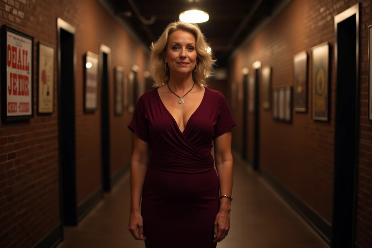 Chanteuse Stone en robe bordeaux dans les coulisses d'un théâtre, portrait éditorial professionnel