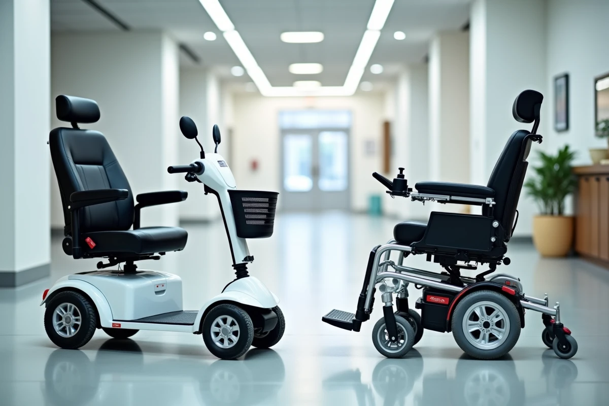 Comparaison côte à côte d'un scooter électrique PMR et d'un fauteuil roulant électrique dans une salle d'exposition spécialisée