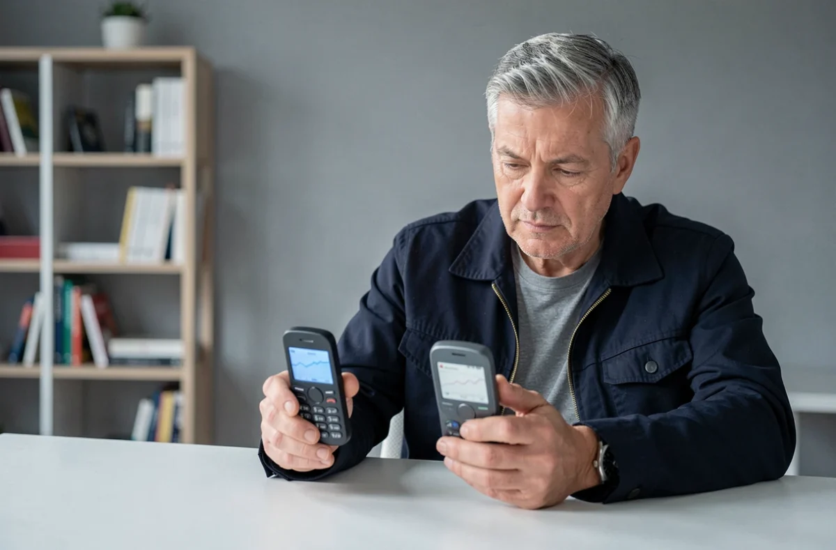 Homme comparant deux téléphones mobiles basiques côte à côte sur un bureau minimaliste
