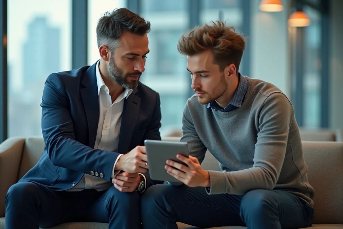 Jeune conseiller financier guide un client avec une tablette numérique