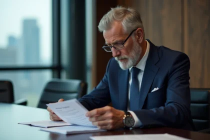 Consultant senior en costume bleu marine analysant des documents dans une salle de réunion haut de gamme avec vue sur la ville