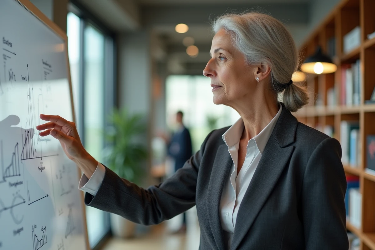 Consultante senior expérimentée présentant une stratégie sur un tableau blanc dans un espace de travail moderne