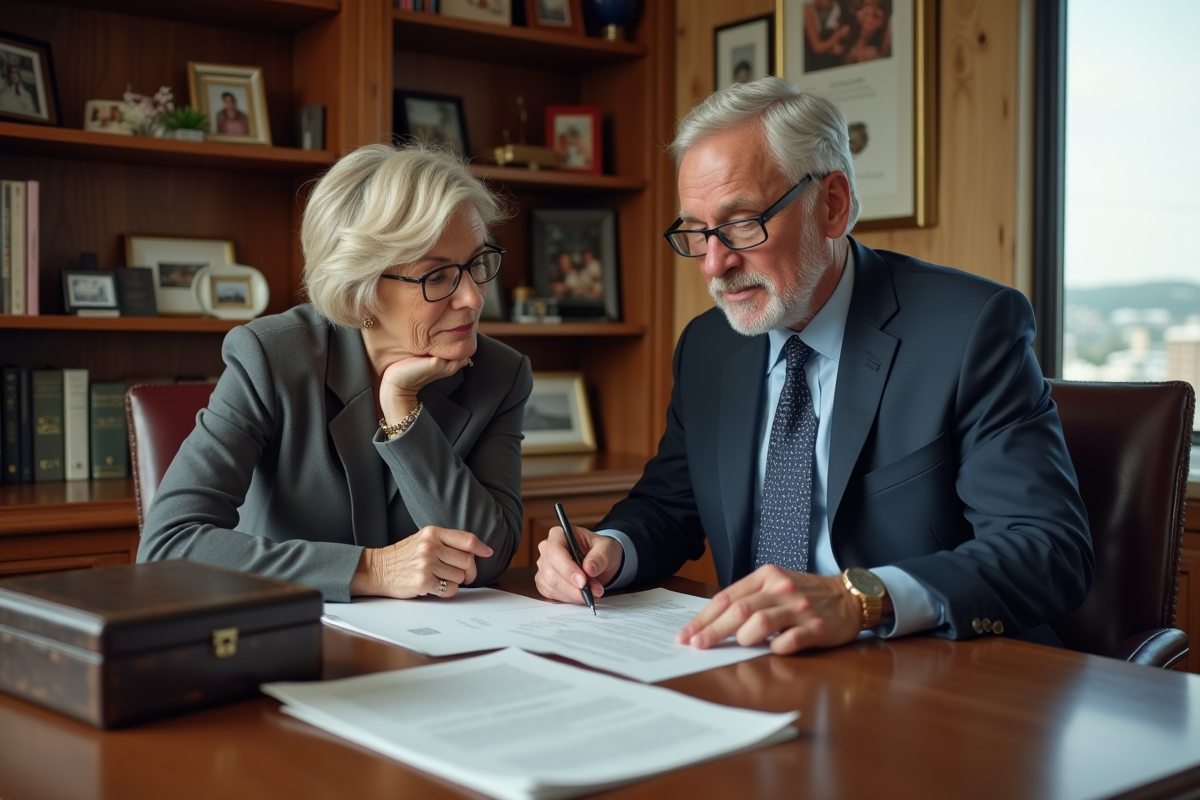 Couple d'adultes sérieux examinant des documents juridiques dans un bureau