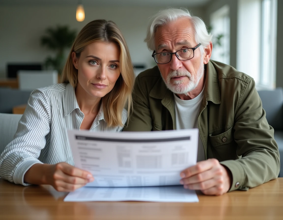 Couple de quinquagénaires consultant ensemble une projection de retraite imprimée à la maison en 2026