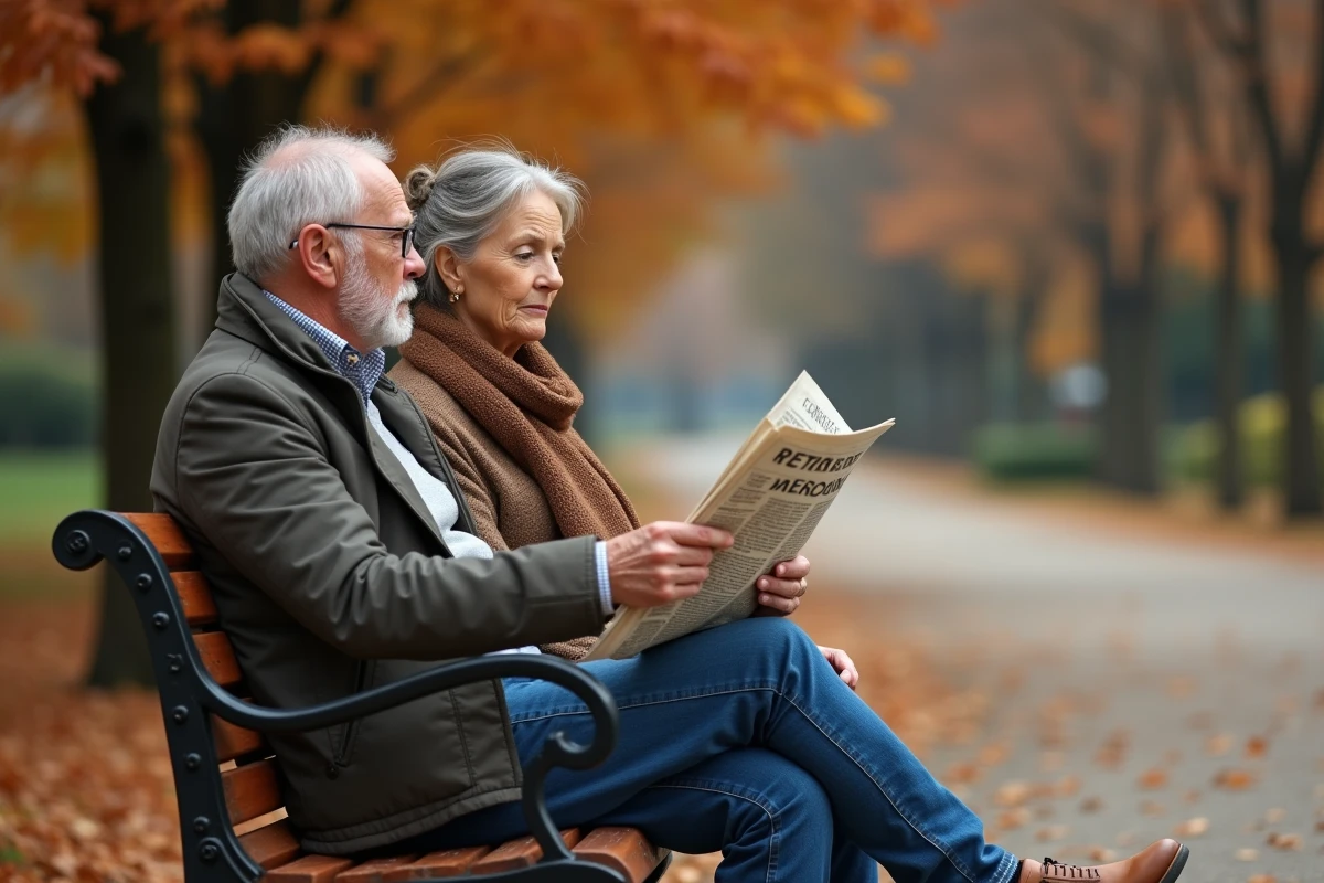 Couple de futurs retraités discutant de la revalorisation des retraites Agirc-Arrco dans un parc en automne