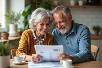 Couple retraité souriant examinant documents financiers dans la cuisine