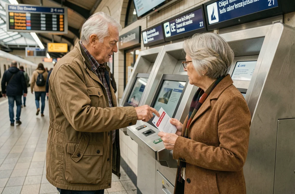 Couple de retraités SNCF consultant une borne en gare pour les démarches liées au pass Carmillon