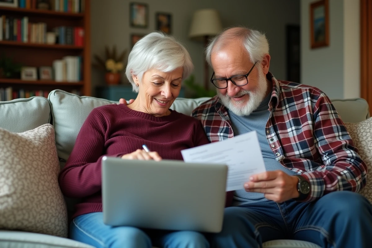 Couple de retraités consultant ensemble des informations sur leur pension en ligne, symbolisant l'impact concret de la revalorisation des petites retraites en 2026