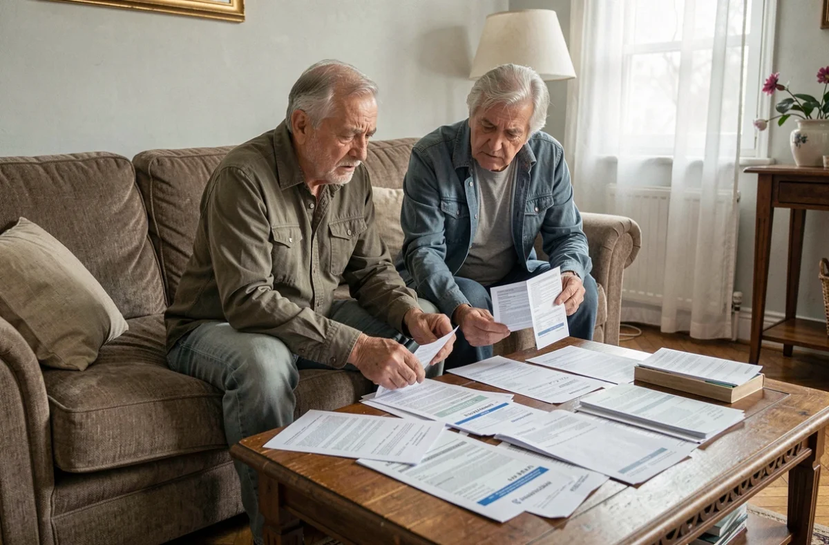 Couple de retraités examinant ensemble leurs documents de pension Agirc Arrco dans leur salon