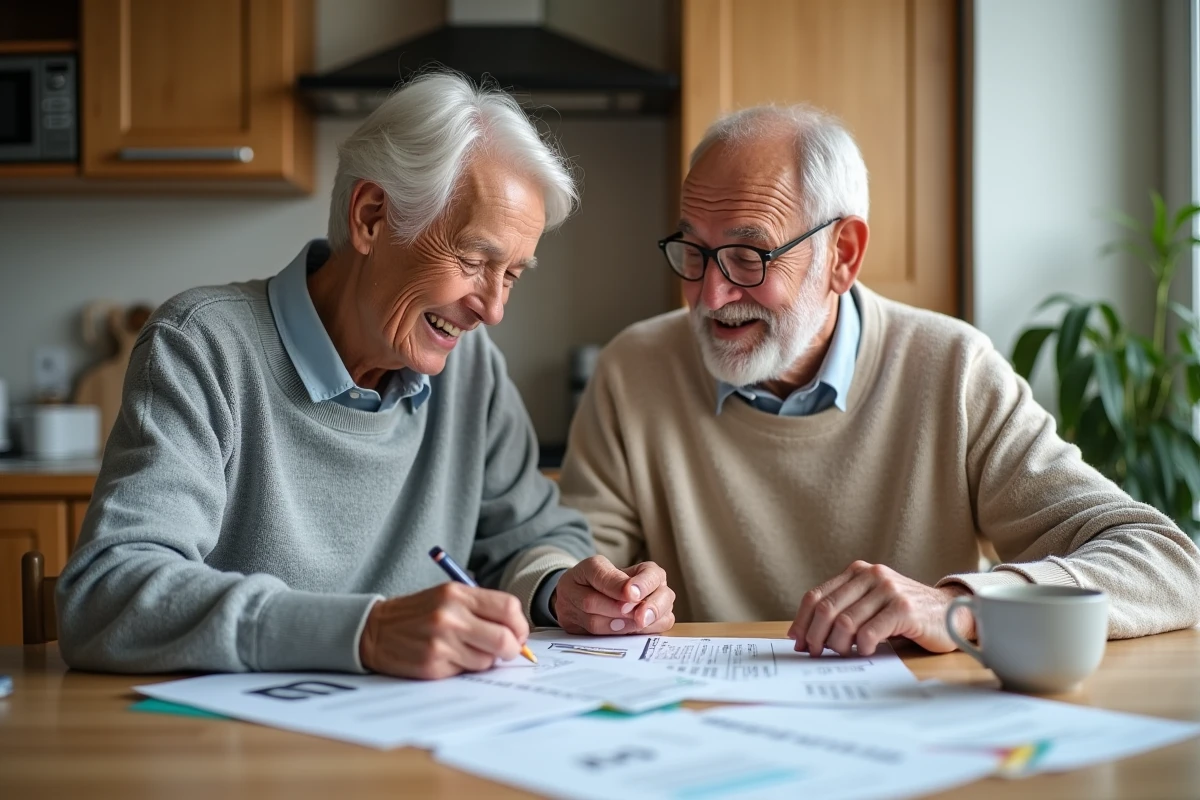 Couple retraités souriants examinant des documents fiscaux à la cuisine