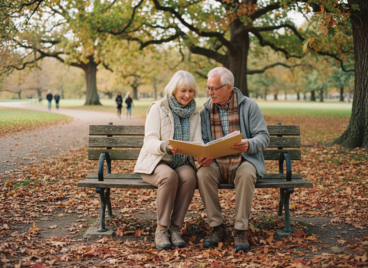 Couple senior discutant de documents de santé en plein air