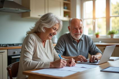Couple senior souriant dans une cuisine lumineuse avec papiers et ordinateur