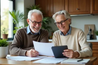 Couple senior souriant dans la cuisine avec documents