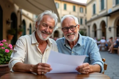 Couple âgé souriant au café en ville