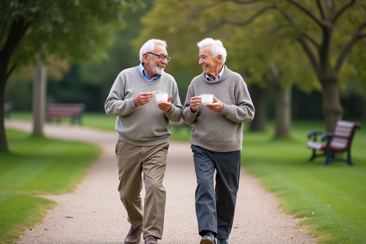 Couple âgé partageant un yaourt en promenade dans le parc