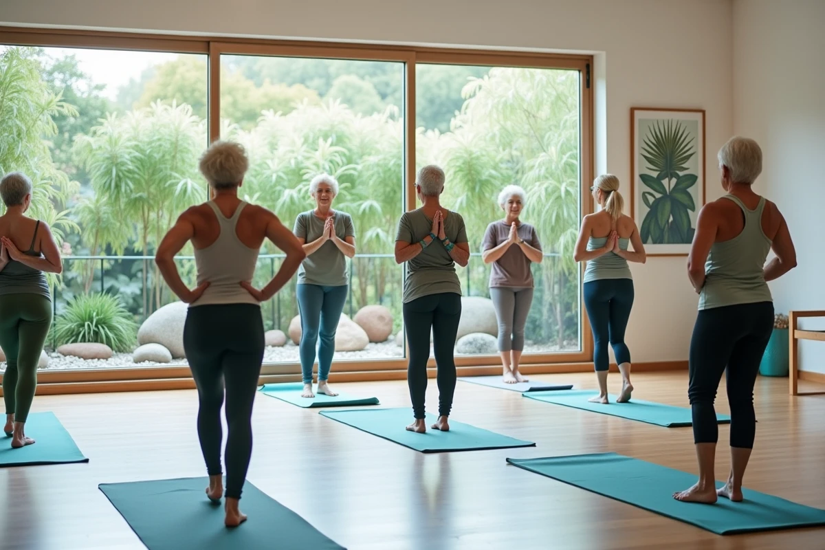 Cours de yoga doux pour seniors dans la salle bien-être d'une résidence à Nîmes