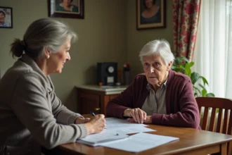 Une assistante sociale accompagne une personne âgée atteinte de démence dans ses démarches administratives à domicile