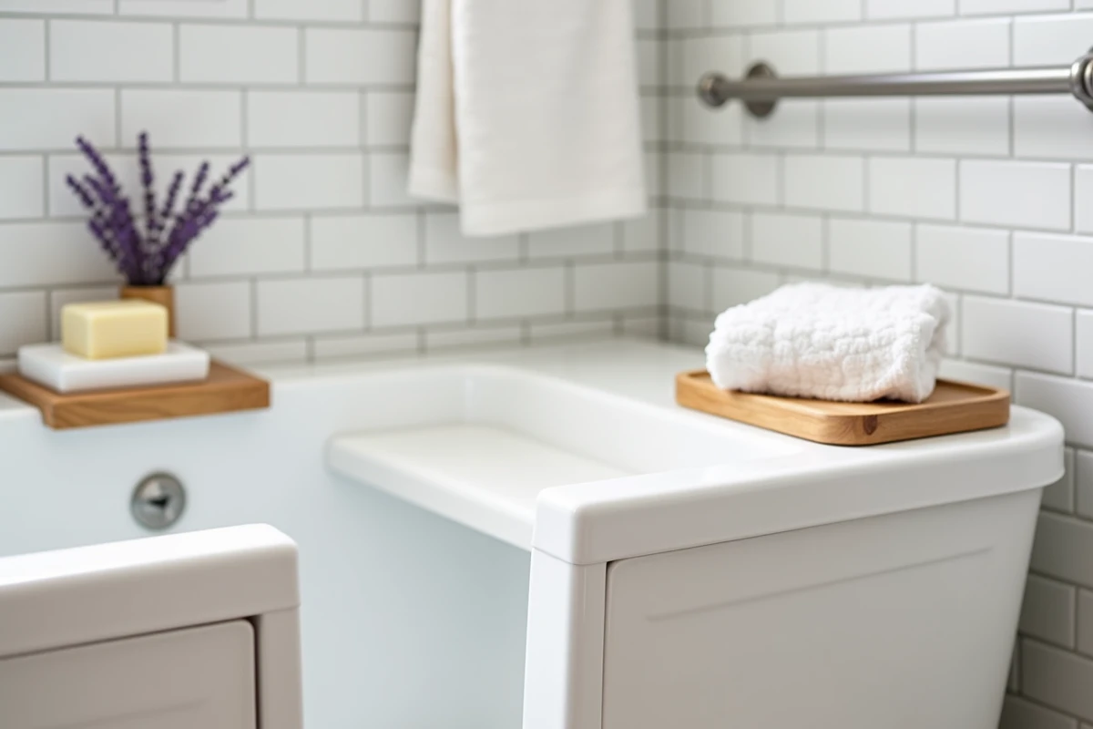 Détail des équipements de sécurité d'une baignoire PMR avec siège antidérapant et poignée ergonomique
