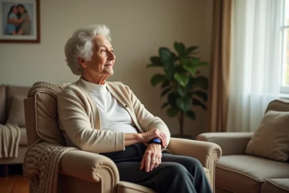 Femme âgée portant un détecteur de chute au poignet dans son salon, solution de sécurité pour seniors atteints d'Alzheimer
