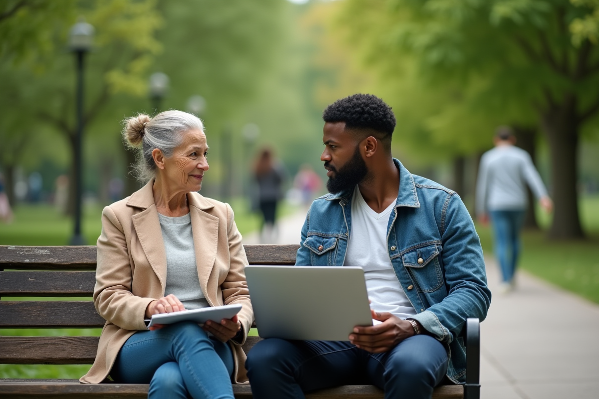 Jeune homme et femme discutant dans un parc en plein air