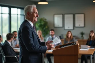 Homme en fin de carrière prononçant un discours de départ à la retraite devant ses collègues dans une salle de réunion moderne