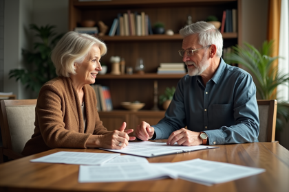 Couple discutant autour de documents familiaux dans un salon moderne
