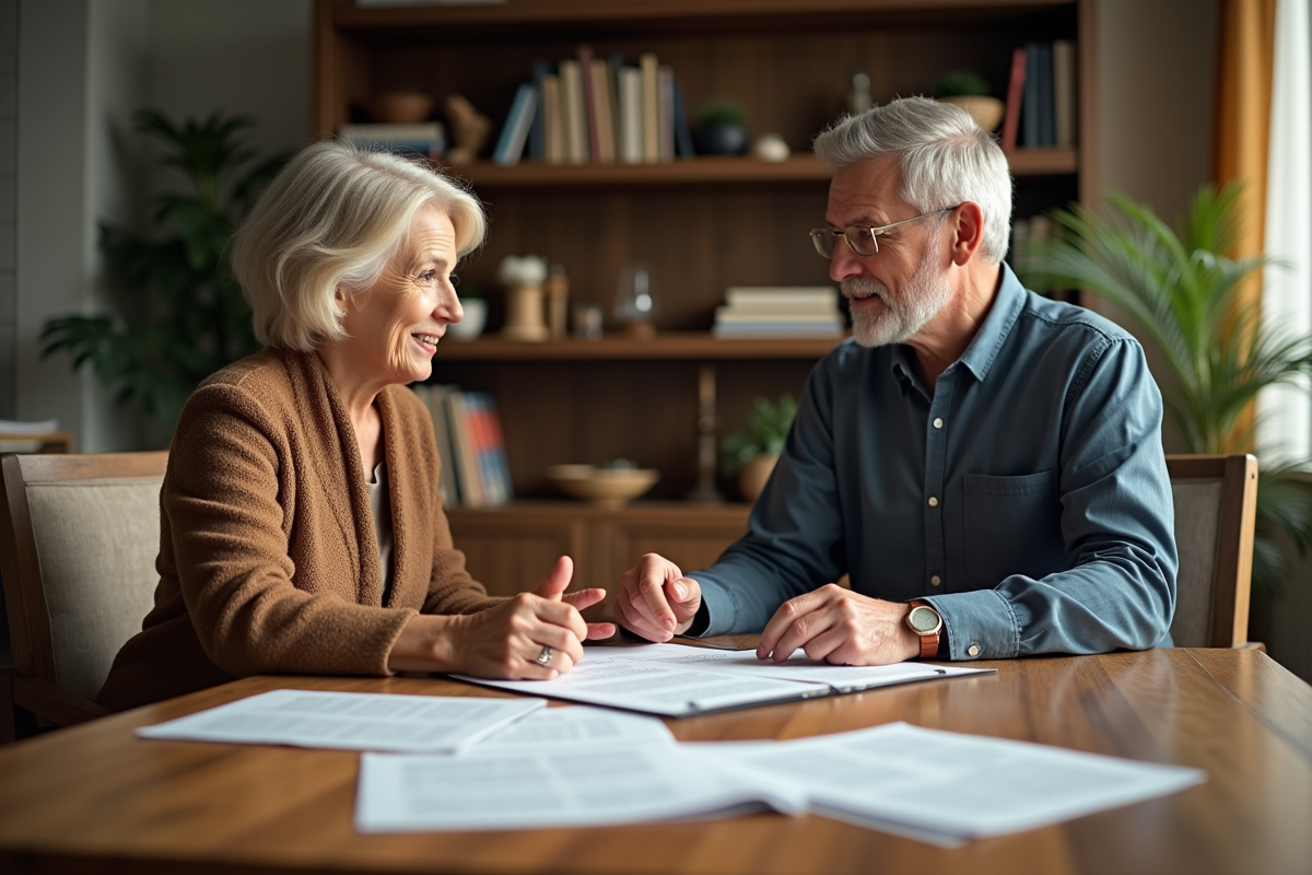 Couple discutant autour de documents familiaux dans un salon moderne