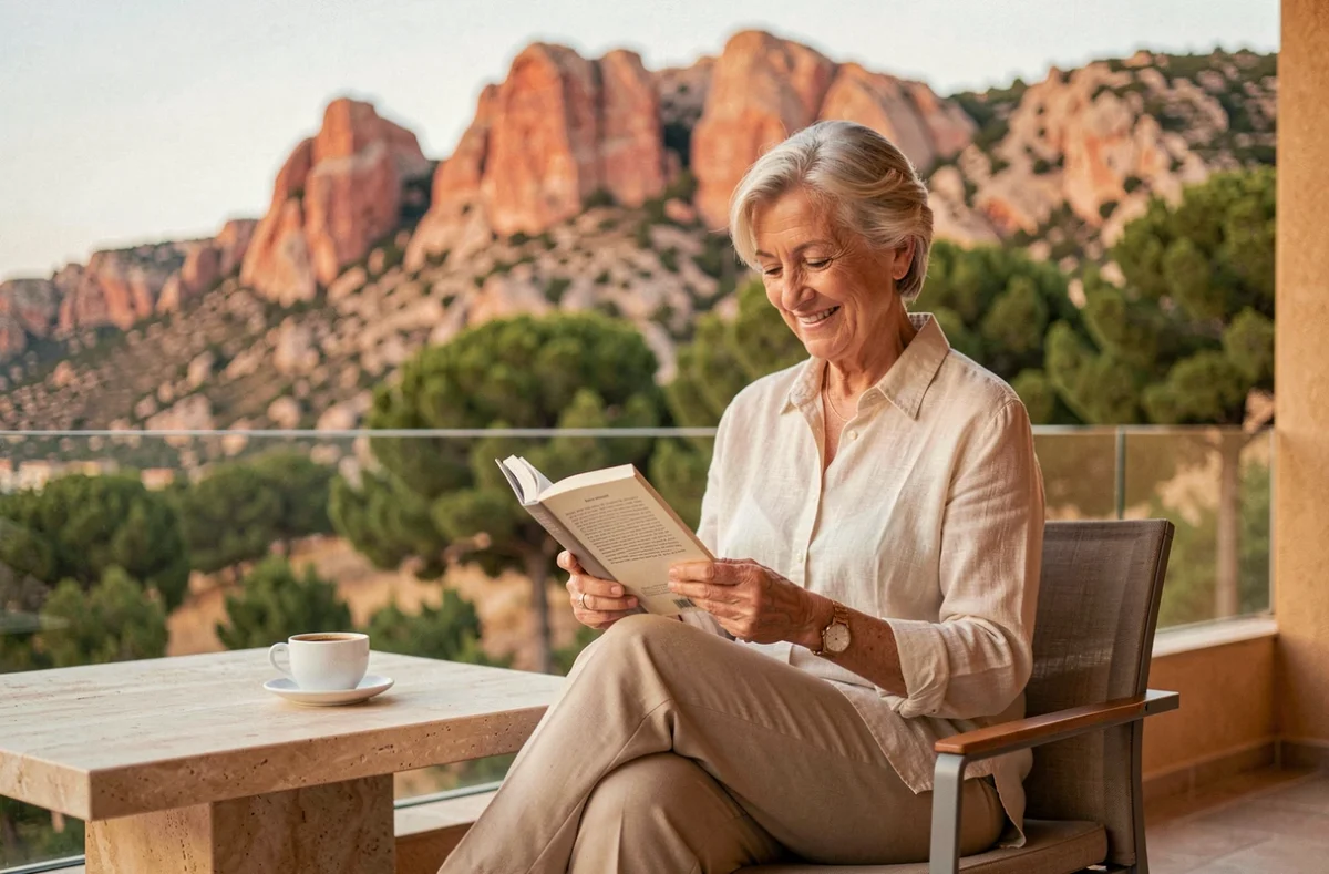 Résidente de la résidence Domitys Les Côteaux de l'Esterel à Fréjus profitant de la terrasse avec vue sur le massif de l'Esterel