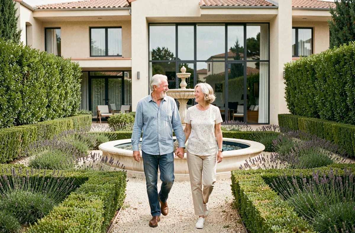 Couple de seniors se promenant dans le jardin de la résidence Domitys Terra Souleou à La Valette-du-Var