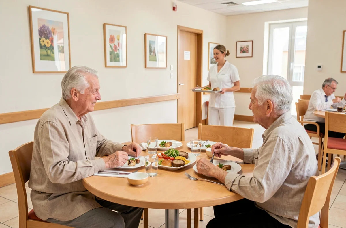 Résidents âgés partageant un repas convivial à l'EHPAD Emile Gérard en Seine-Saint-Denis