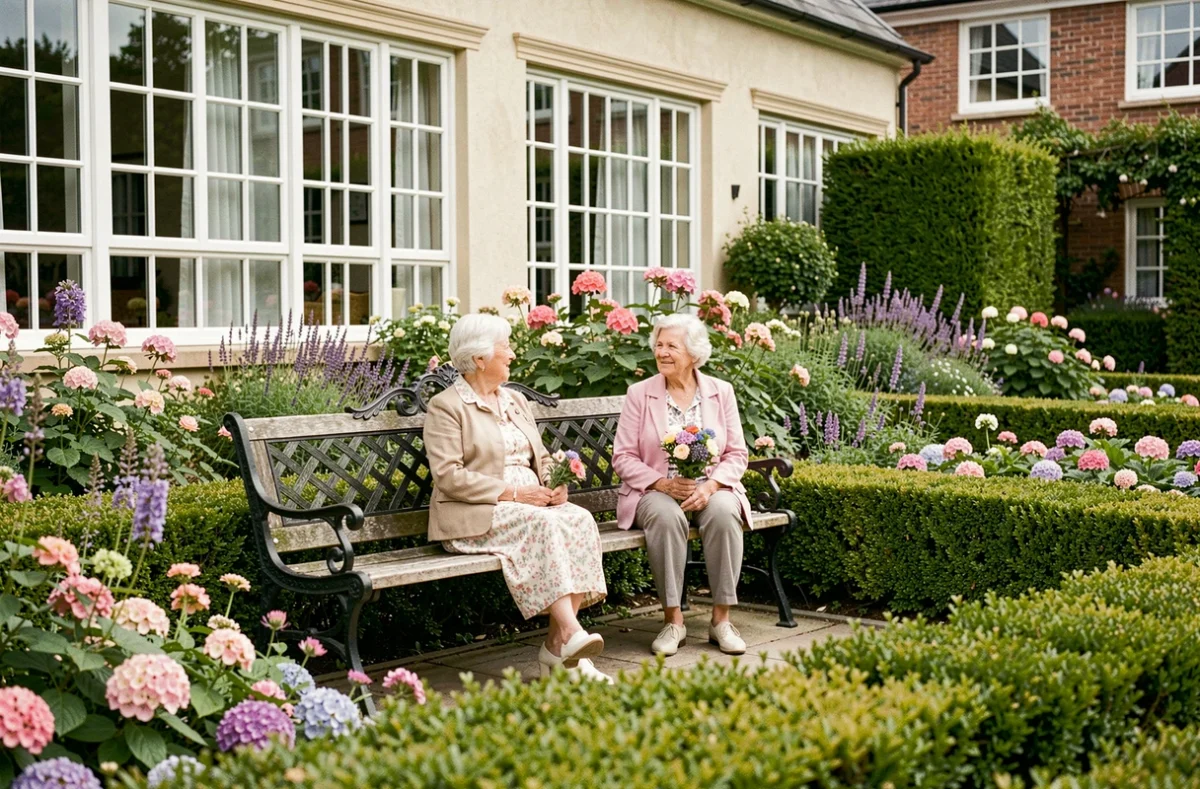 Terrasse fleurie et résidentes âgées dans le jardin de l'EHPAD Korian Villa Victoria en Seine-Saint-Denis