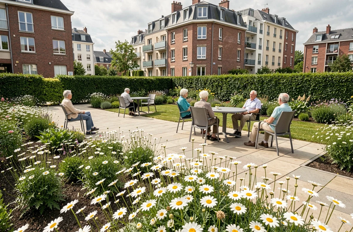 Jardin fleuri avec des marguerites et résidents âgés à l'EHPAD Les Marguerites à Saint-Denis
